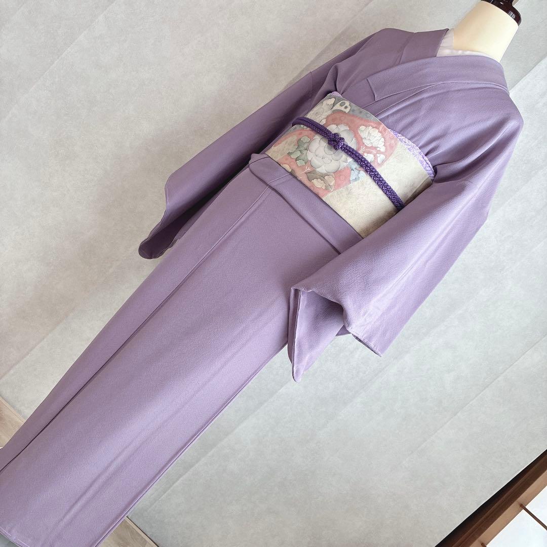 色無地　フルセット　着物　正絹　辻ヶ花の帯　しつけ糸つき　ロング丈　紫　J9