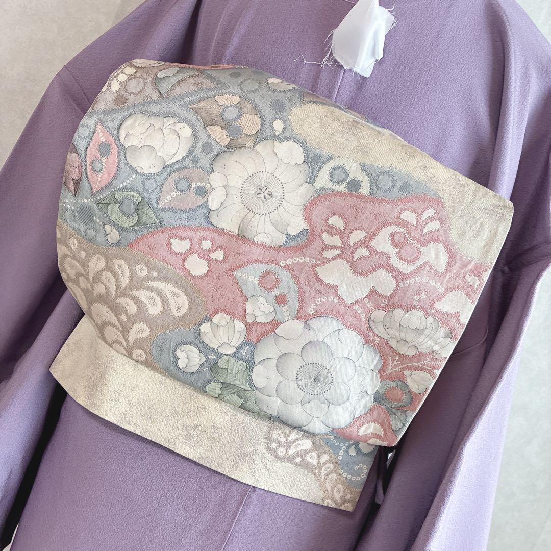 色無地　フルセット　着物　正絹　辻ヶ花の帯　しつけ糸つき　ロング丈　紫　J9