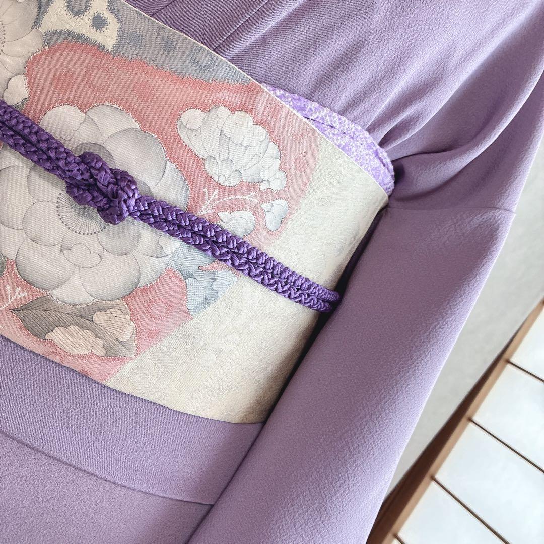 色無地　フルセット　着物　正絹　辻ヶ花の帯　しつけ糸つき　ロング丈　紫　J9