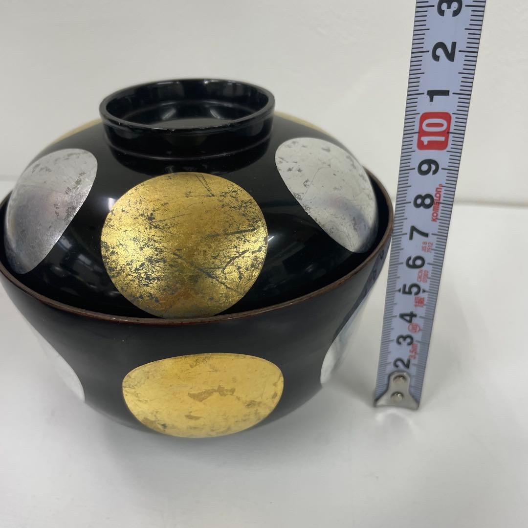 ツバキ 蓋付き椀 黒 金 銀丸模様 27客セット　少々難ありお値下げ品！