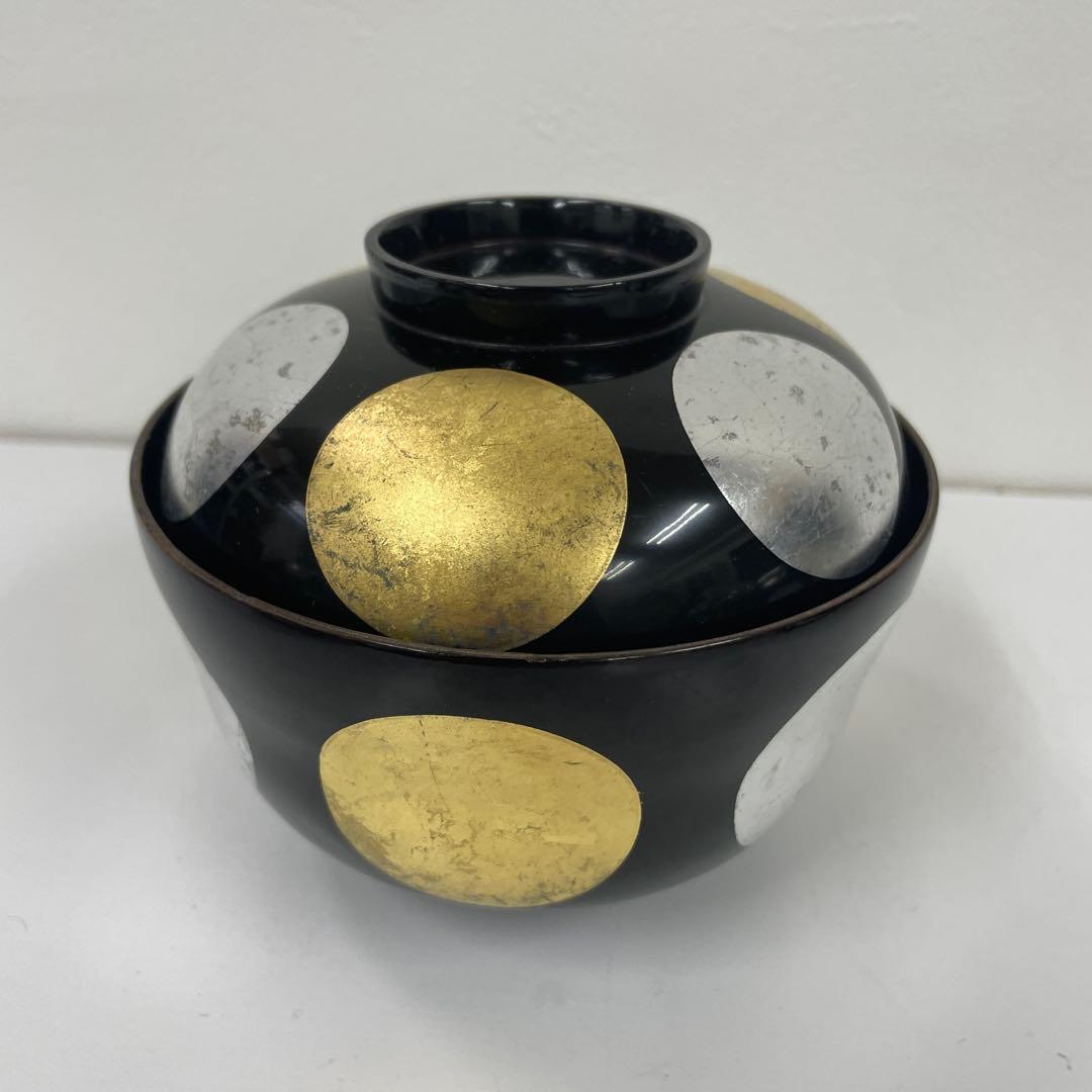 ツバキ 蓋付き椀 黒 金 銀丸模様 27客セット　少々難ありお値下げ品！