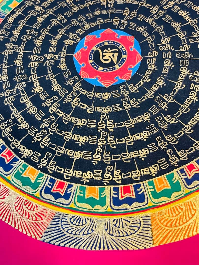 【手描き一点物】チベット密教 曼荼羅タンカ 六字真言入り／開運・護符・浄化p