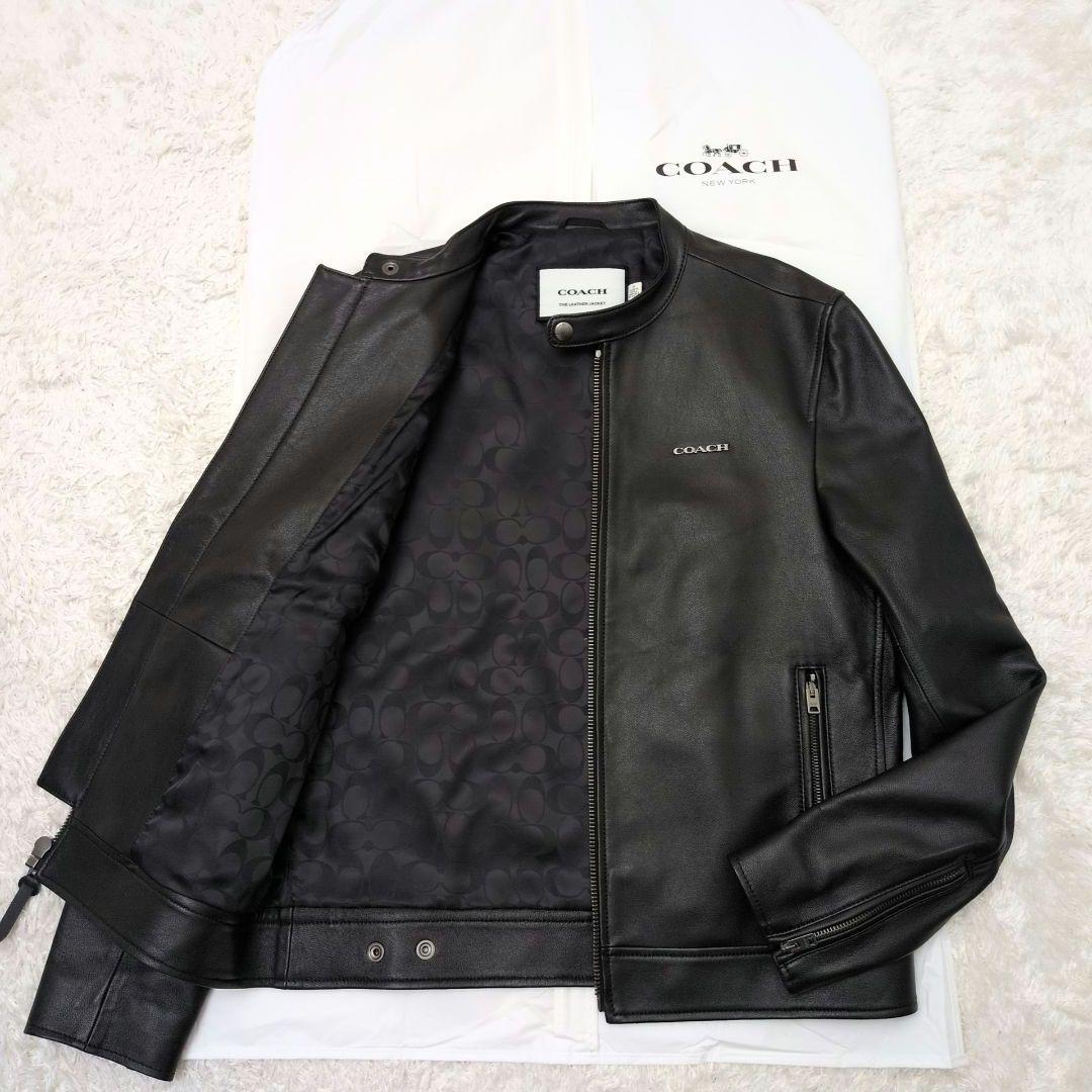 【未使用保管品 カバー付き】コーチ　ライダースジャケット　ラム　シグネチャー　黒