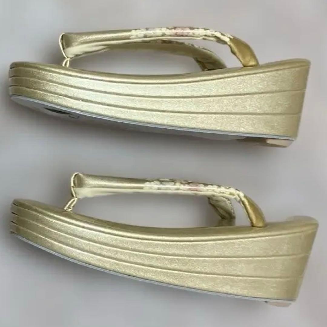 桜の花柄 和装用バッグ 草履セット　金色