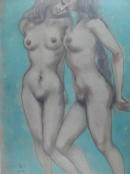 古沢岩美、星空の二人、希少大判画集画、新品額装付、状態良好