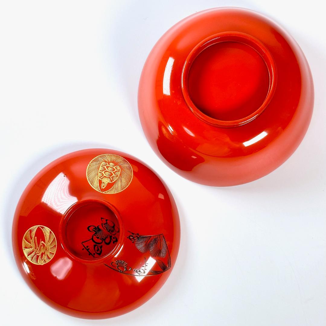 未使用！　昭和初期　沈金吉祥文様　朱塗　蓋付椀　本木漆芸　9客揃え　共箱