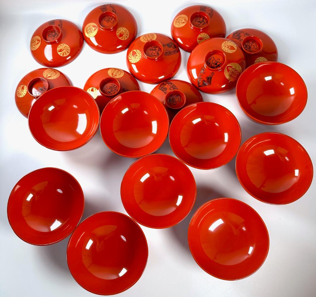 未使用！　昭和初期　沈金吉祥文様　朱塗　蓋付椀　本木漆芸　9客揃え　共箱