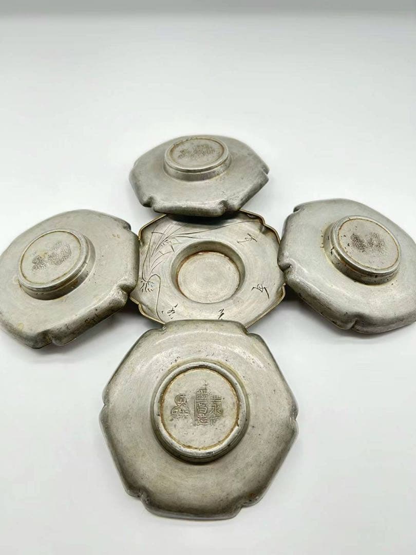 中国清代 真足點 維楊 永恒昌造 六角 細工彫刻骨董 茶托 極上錫製茶道具5枚