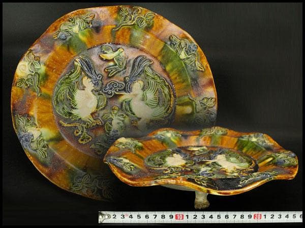 中国美術 唐三彩 双鳳紋 三足 盤 φ31cm 希少(LC247)