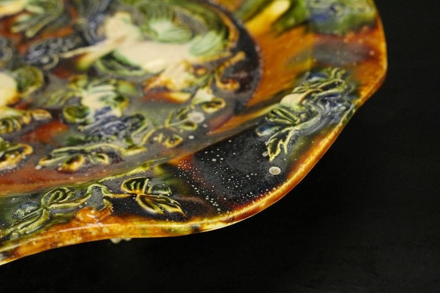 中国美術 唐三彩 双鳳紋 三足 盤 φ31cm 希少(LC247)