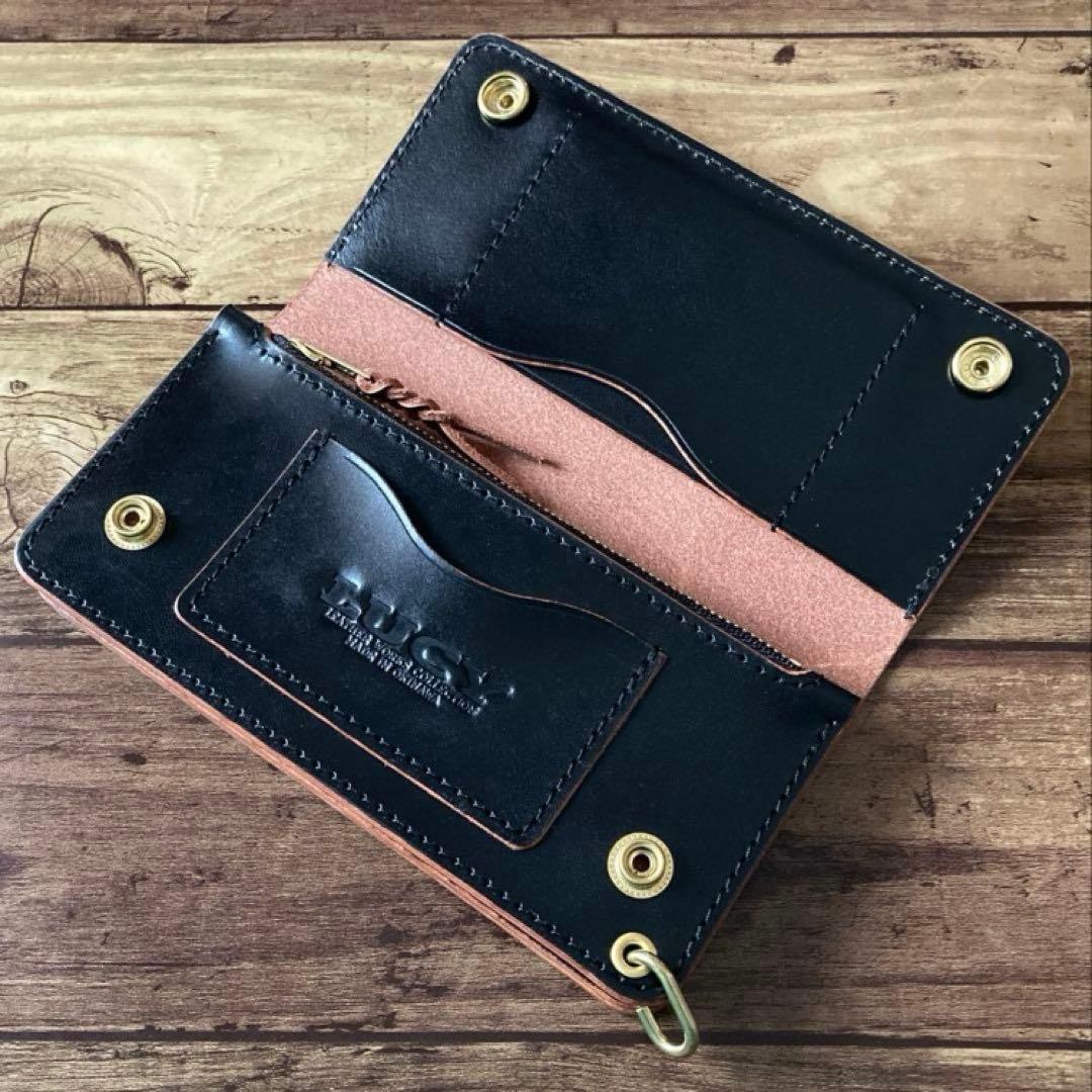 【た】カウレザー トラッカーウォレット 180（ロング）3層 茶芯ブラック