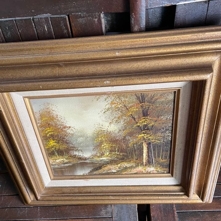 アンティーク絵画　油彩　アメリカ　森林と川　風景画　Antique　ヴィンテージ