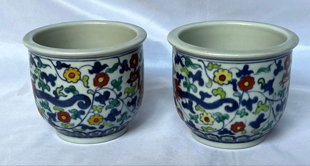 大明嘉靖年製 小鉢2点セット 赤絵 色絵 五彩 中国陶磁器　筆入れ 書道具 骨董