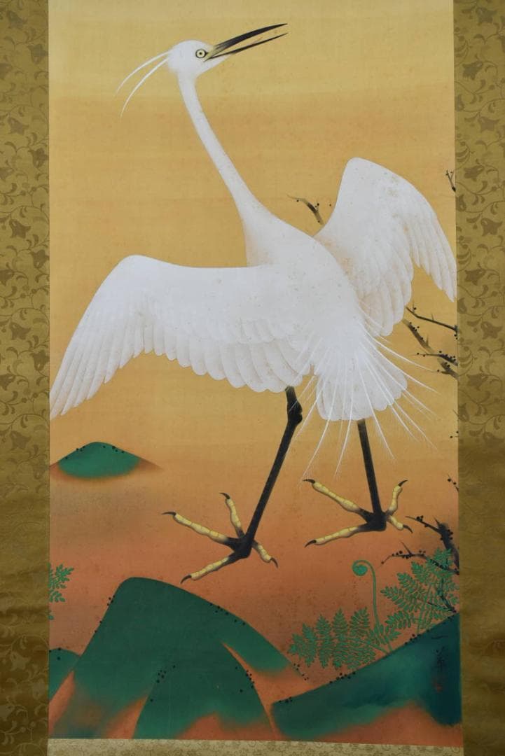 【真作】阪口一草/白鷺図/サギ図/仏事掛/掛軸/名家伝来/AA-560