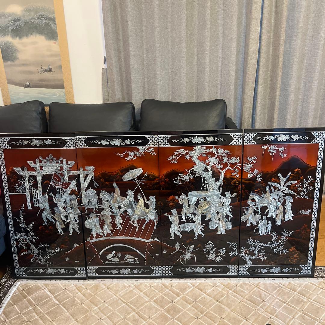 ★☆中国美術 屏風/衝立 4連衝立 螺鈿細工/漆塗り 4枚