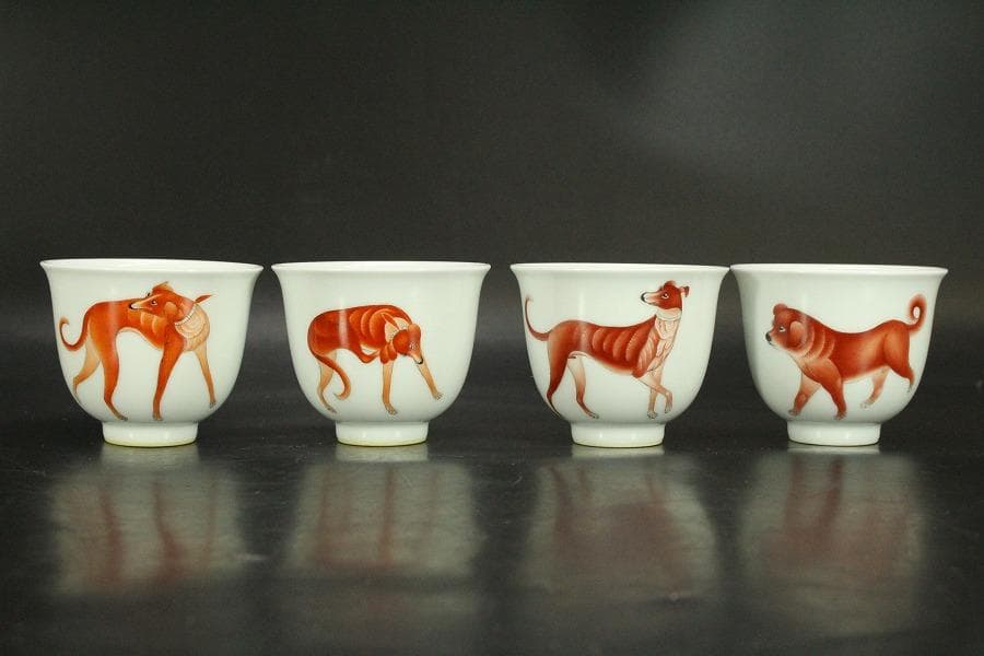 中国美術 色絵 細密 犬 絵 煎茶碗 十件 揃 雍正年製 書(A434)