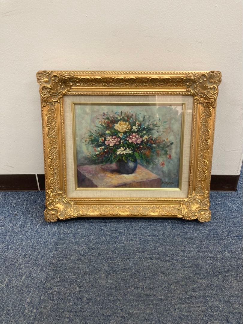 花瓶の水彩画 金色フレーム付き