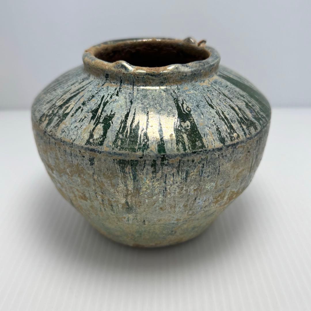 希少 中国 漢時代 漢緑釉 銀化小壺 壺 共箱付 土 泥 付き