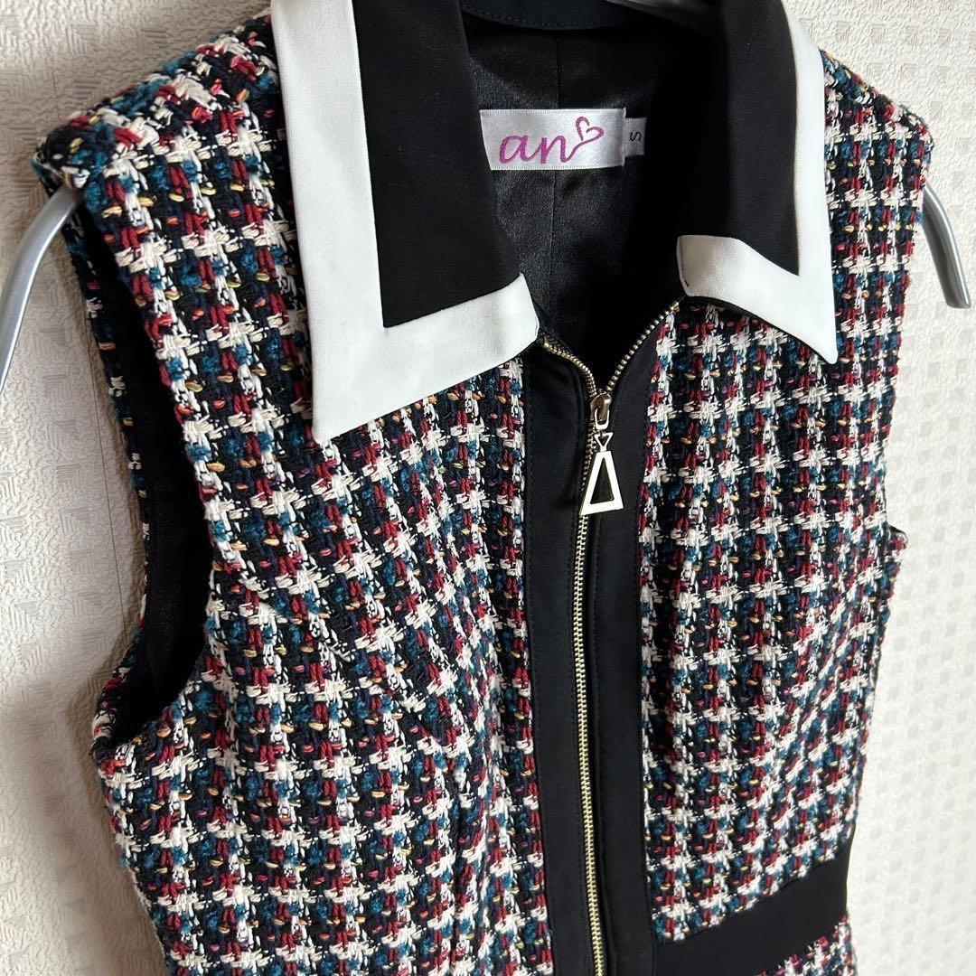 【美品】an ツイード ノースリーブ ミニドレス S