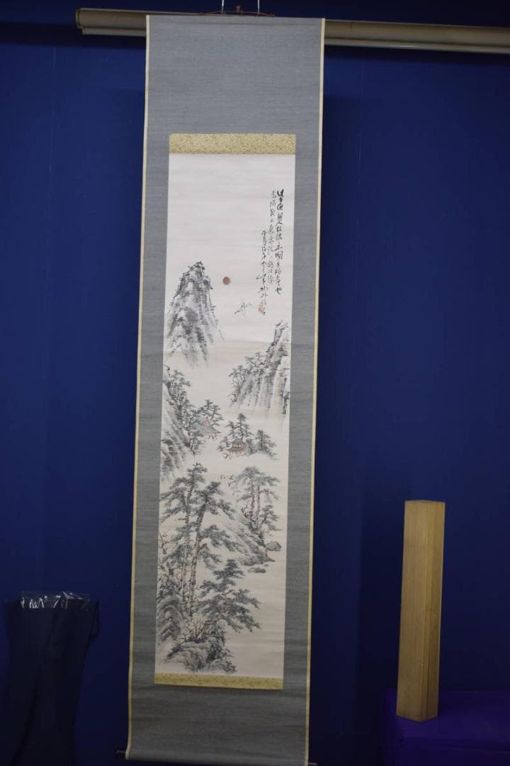 真作/物外/蓬莱山画賛/山水図/鶴/布袋屋掛軸HJ-58