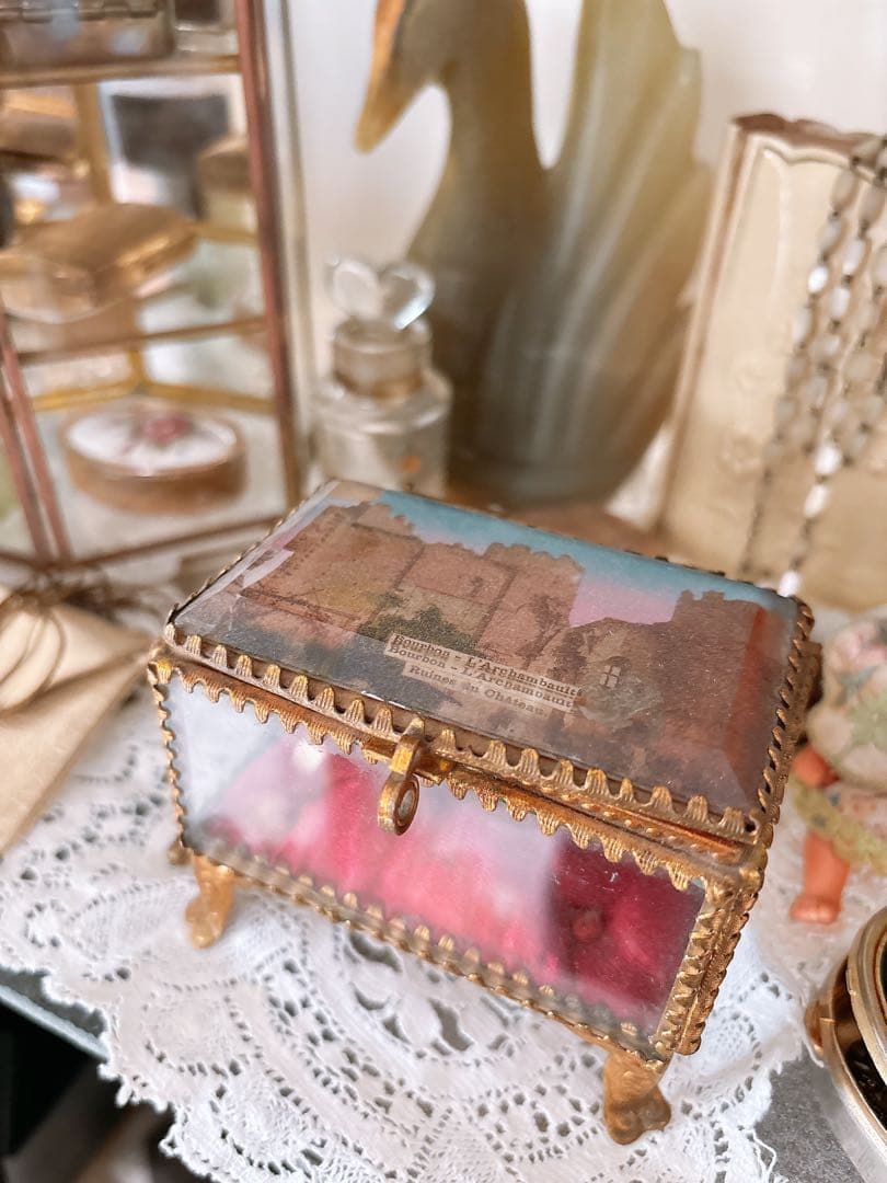 ベベルガラスジュエリーケース　ジュエリーボックス　フランスアンティーク　19世紀