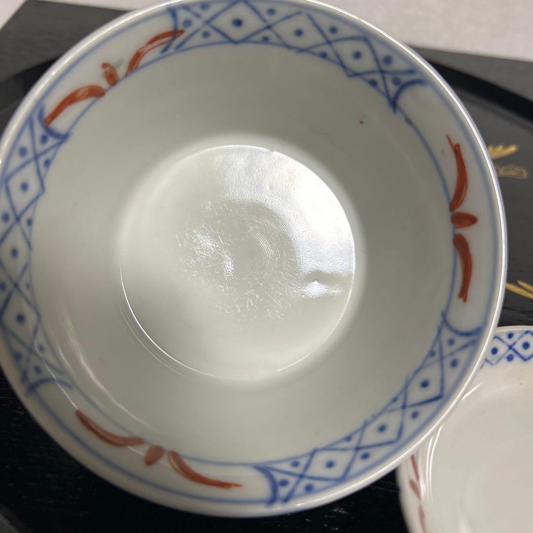 骨董品　古伊万里　月弓　金彩染錦窓絵　青海波紋　蓋付鉢　丼茶碗　有田焼　明治期