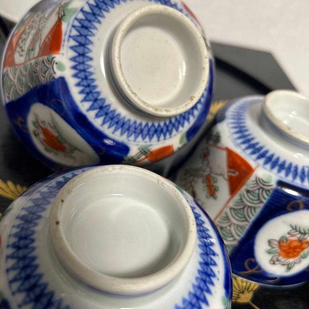 骨董品　古伊万里　月弓　金彩染錦窓絵　青海波紋　蓋付鉢　丼茶碗　有田焼　明治期