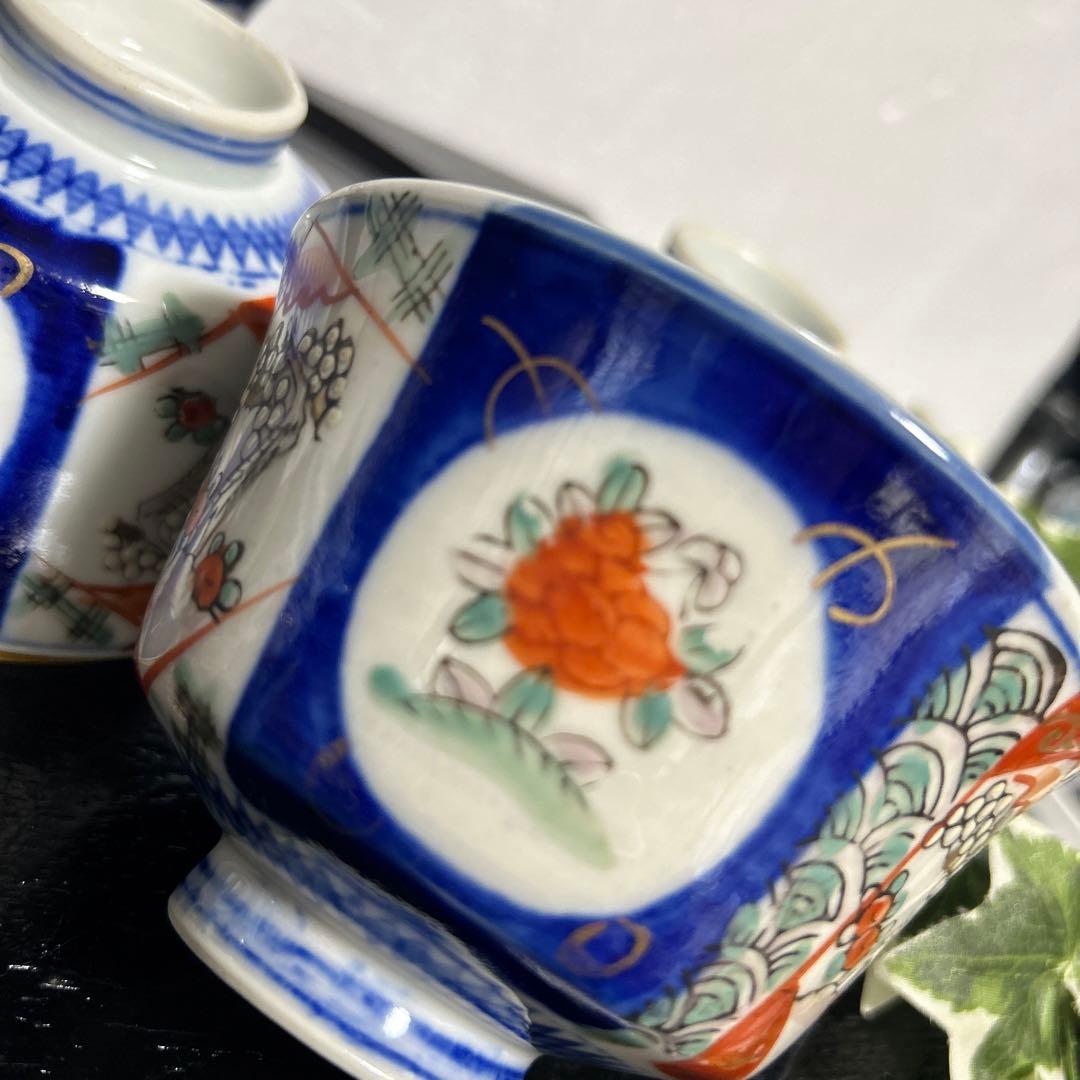骨董品　古伊万里　月弓　金彩染錦窓絵　青海波紋　蓋付鉢　丼茶碗　有田焼　明治期