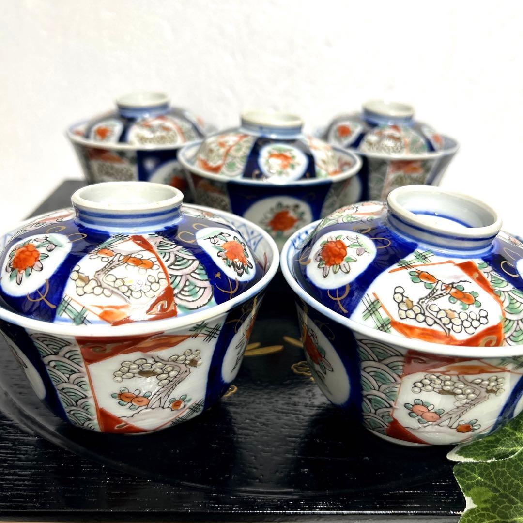 骨董品　古伊万里　月弓　金彩染錦窓絵　青海波紋　蓋付鉢　丼茶碗　有田焼　明治期