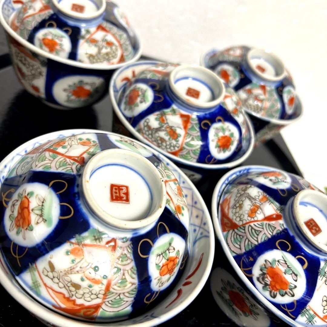 骨董品　古伊万里　月弓　金彩染錦窓絵　青海波紋　蓋付鉢　丼茶碗　有田焼　明治期