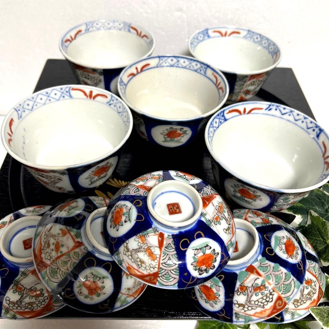 骨董品　古伊万里　月弓　金彩染錦窓絵　青海波紋　蓋付鉢　丼茶碗　有田焼　明治期