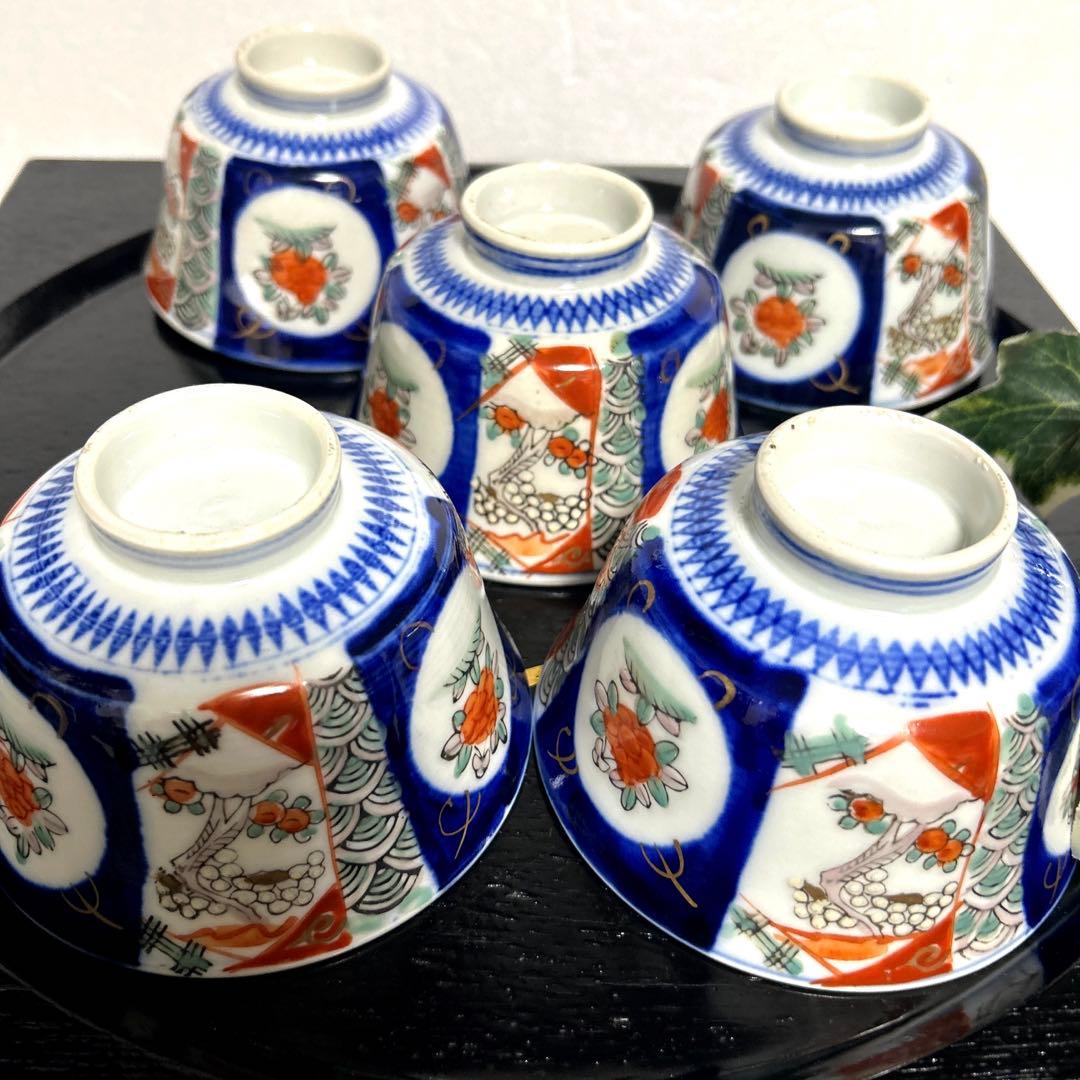 骨董品　古伊万里　月弓　金彩染錦窓絵　青海波紋　蓋付鉢　丼茶碗　有田焼　明治期