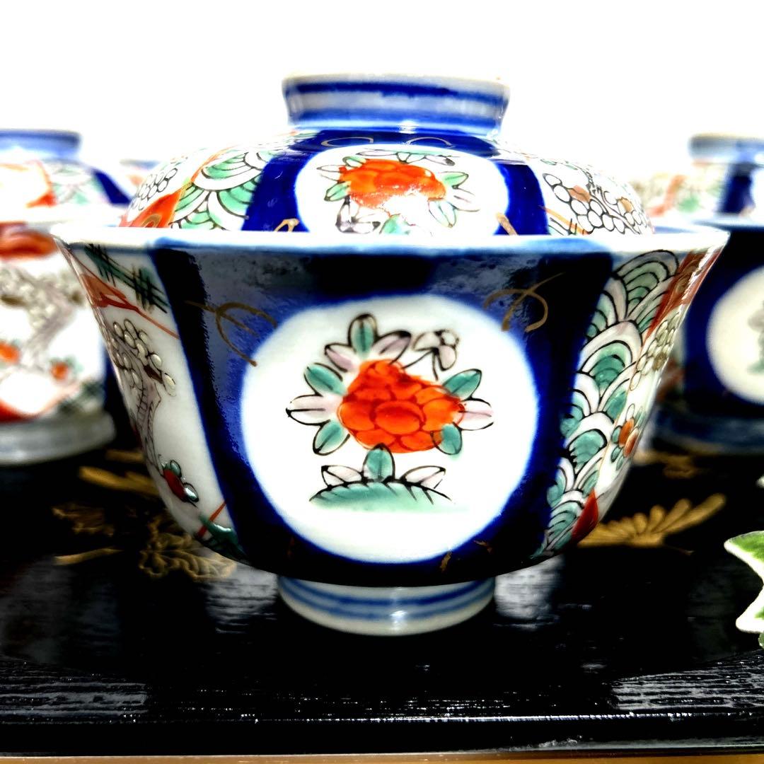 骨董品　古伊万里　月弓　金彩染錦窓絵　青海波紋　蓋付鉢　丼茶碗　有田焼　明治期