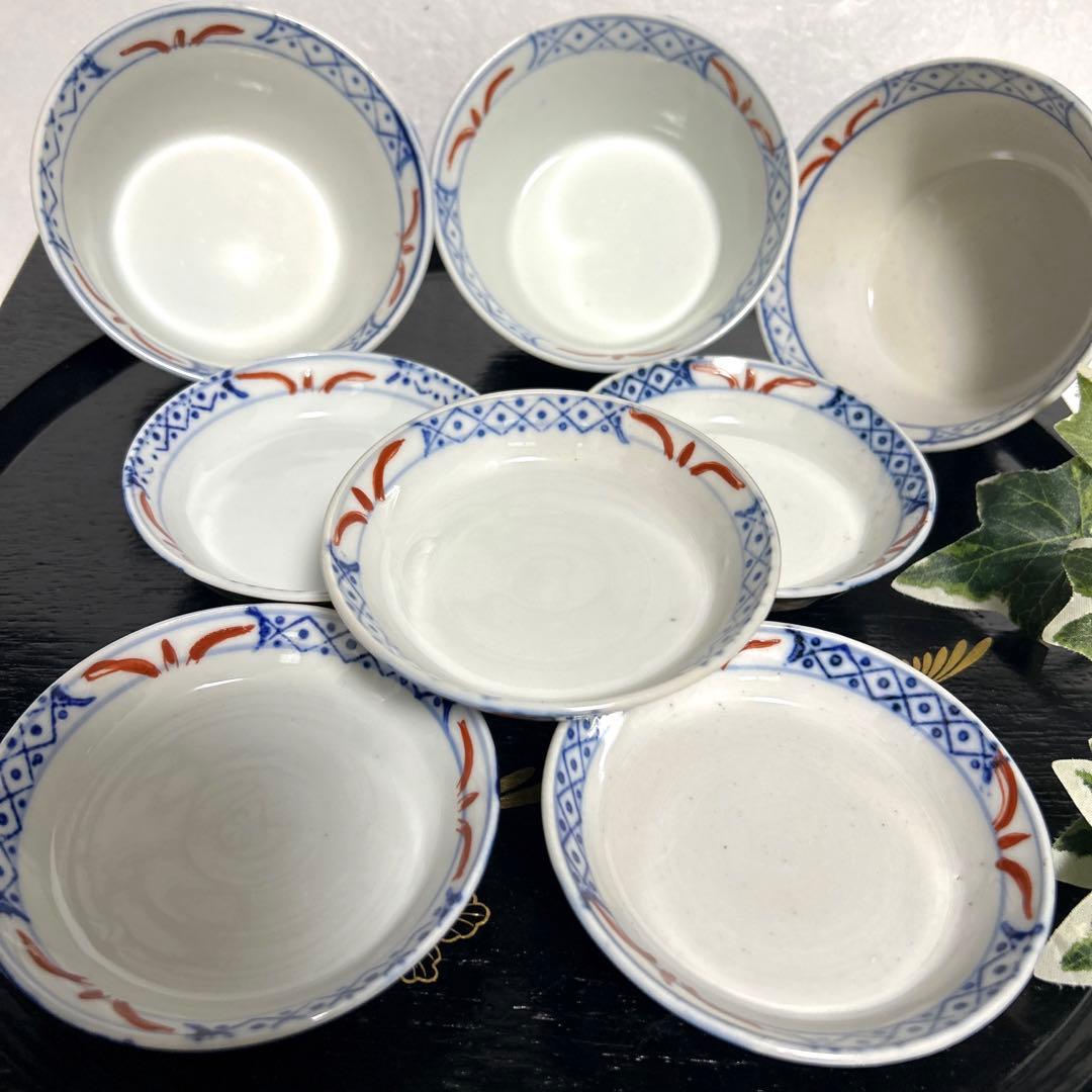 骨董品　古伊万里　月弓　金彩染錦窓絵　青海波紋　蓋付鉢　丼茶碗　有田焼　明治期