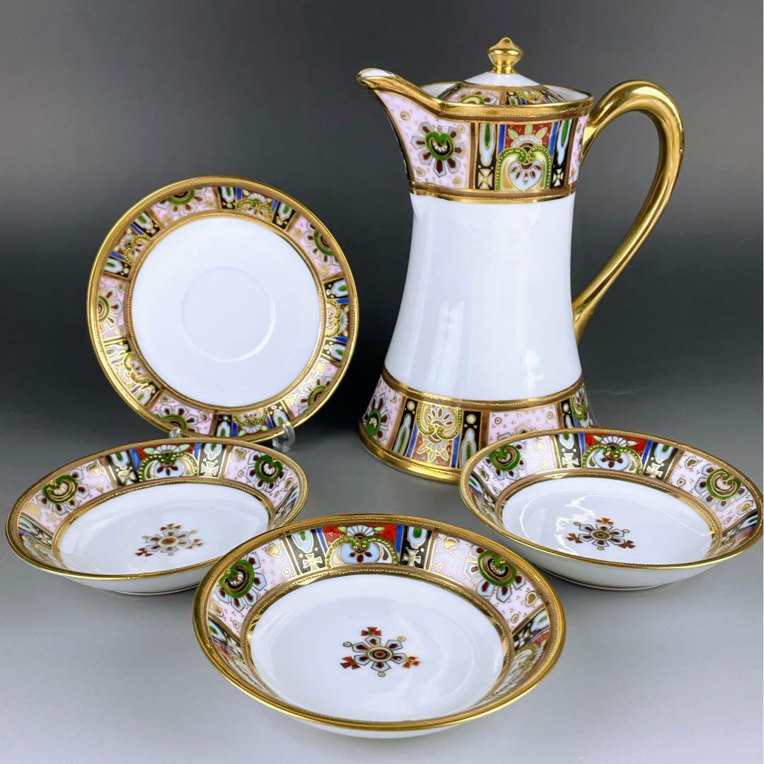 【美品】オールドノリタケ 金盛り チョコレートポット ３小皿 1ソーサー セット