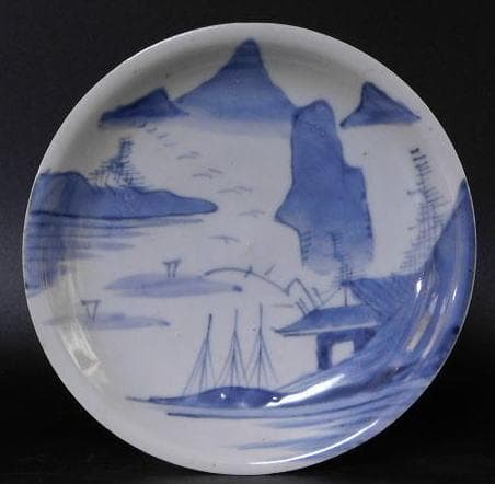 【時代磁器　染付　帆掛　山水文五寸皿　五枚／生掛・切込焼・初期古伊万里】