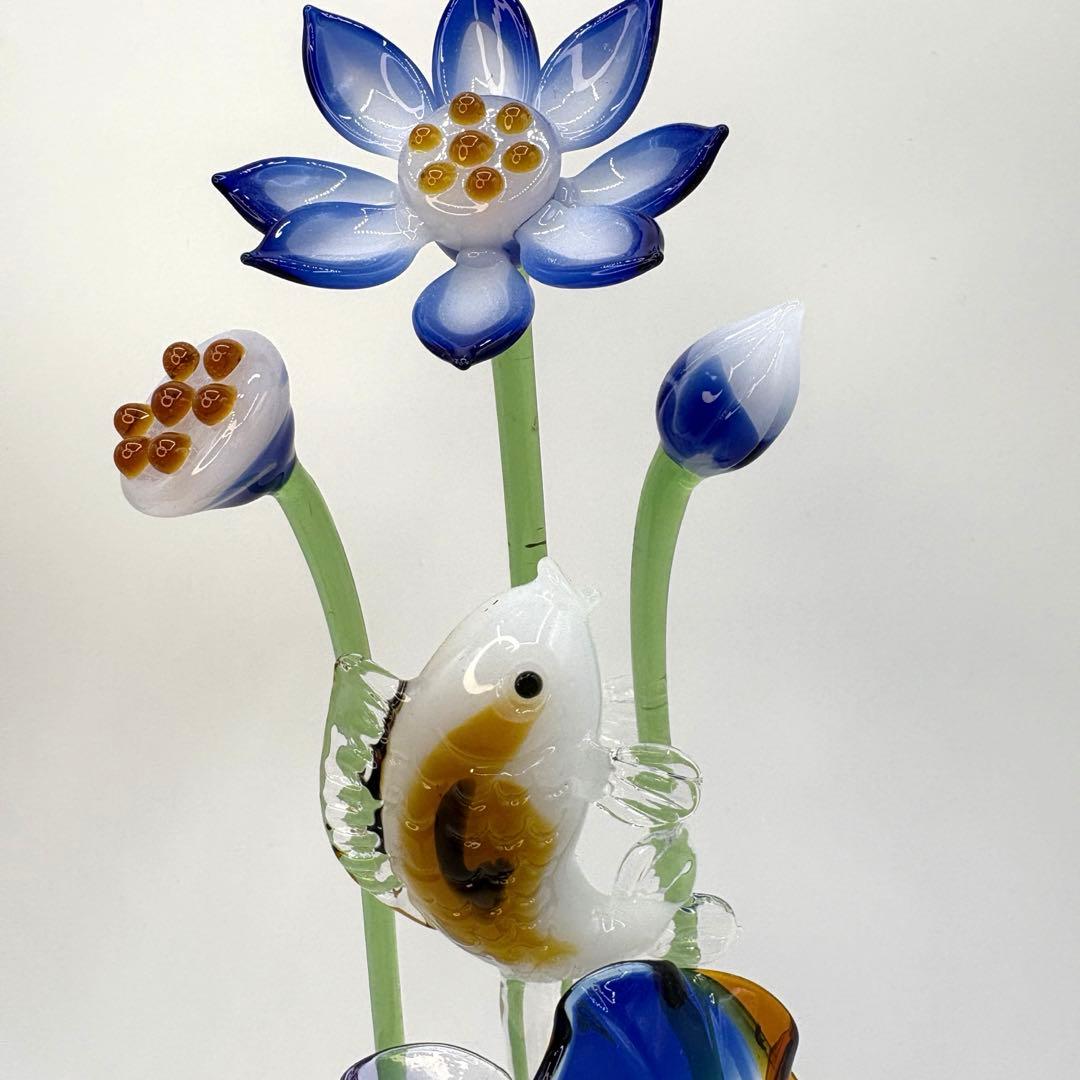 一点モノ 蓮（ハス）の花と鯉 オブジェ ガラス工芸 インテリア 置物 ガラス細工