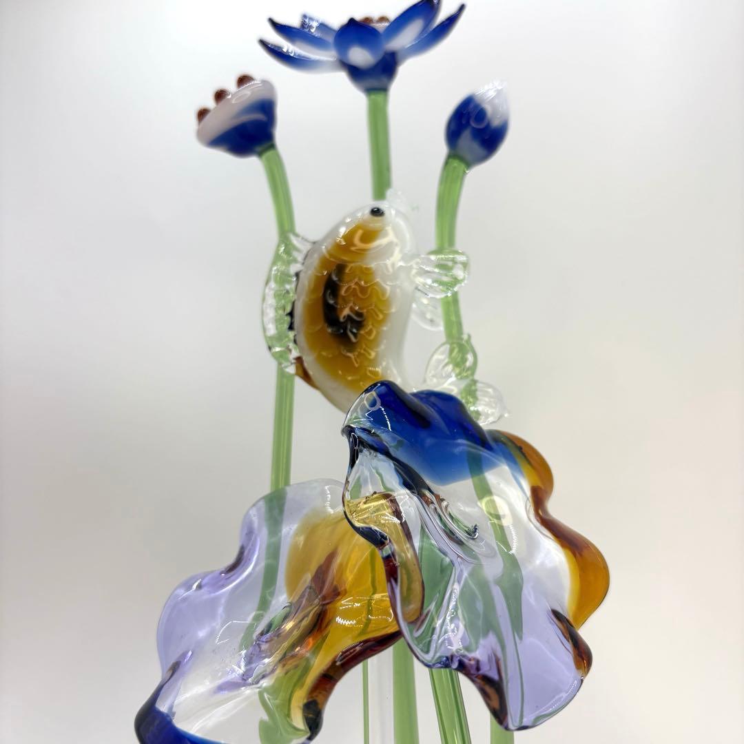 一点モノ 蓮（ハス）の花と鯉 オブジェ ガラス工芸 インテリア 置物 ガラス細工