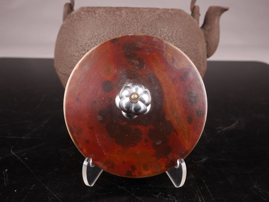 K1509 鉄瓶 龍文堂造 宝珠形 斑紫銅蓋 重量1495g 容量1400ml