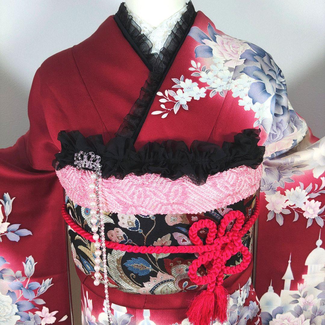 格安！　振袖フルセット　9点　成人式　結婚式　前撮り　えんじ色　赤　バラ