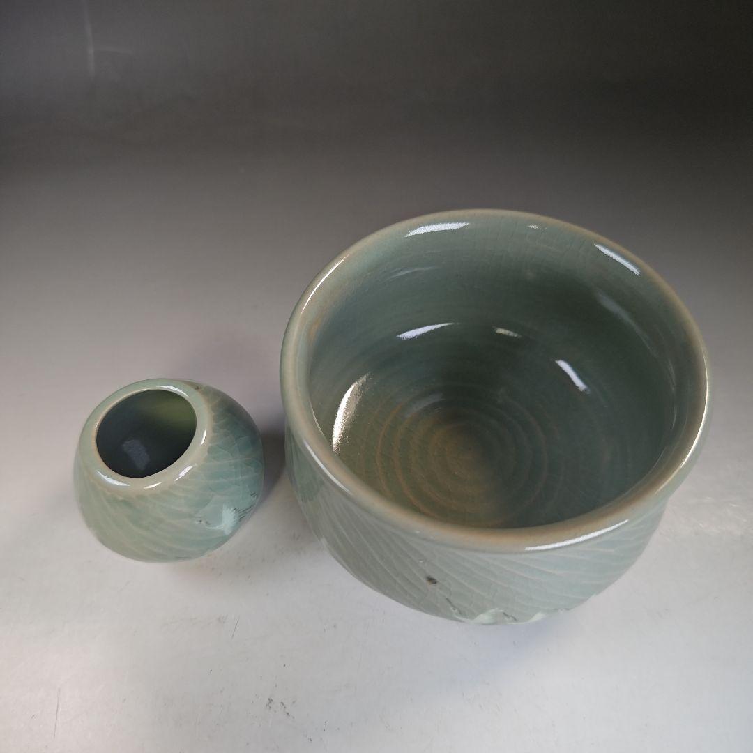 イ892 皆具『東國窯作』『韓国青磁鶴象嵌文　皆具　共箱』茶道具