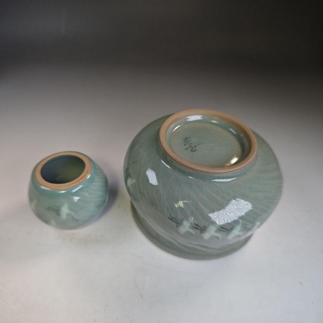 イ892 皆具『東國窯作』『韓国青磁鶴象嵌文　皆具　共箱』茶道具