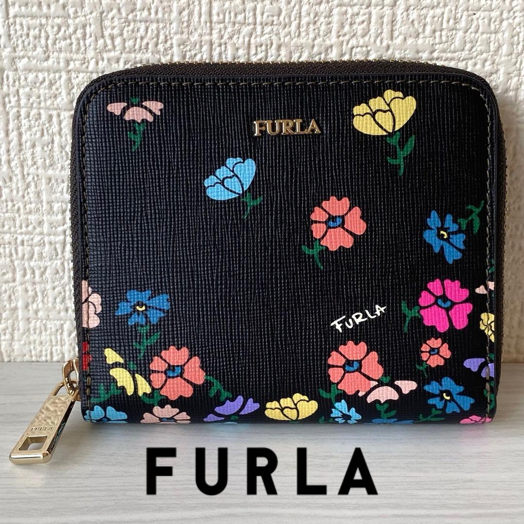 新品 FURLA フルラ 花柄 二つ折り ウォレット 財布 袋 箱付き ブラック