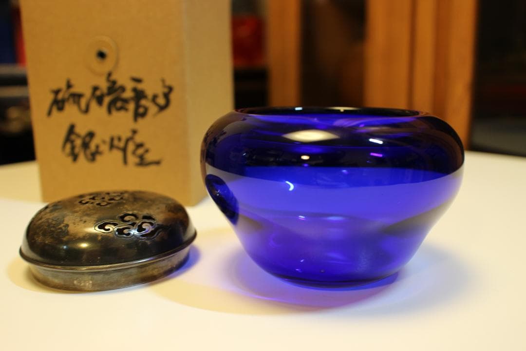 純銀火屋瑠璃香炉　青色ガラス容器 金属蓋付き