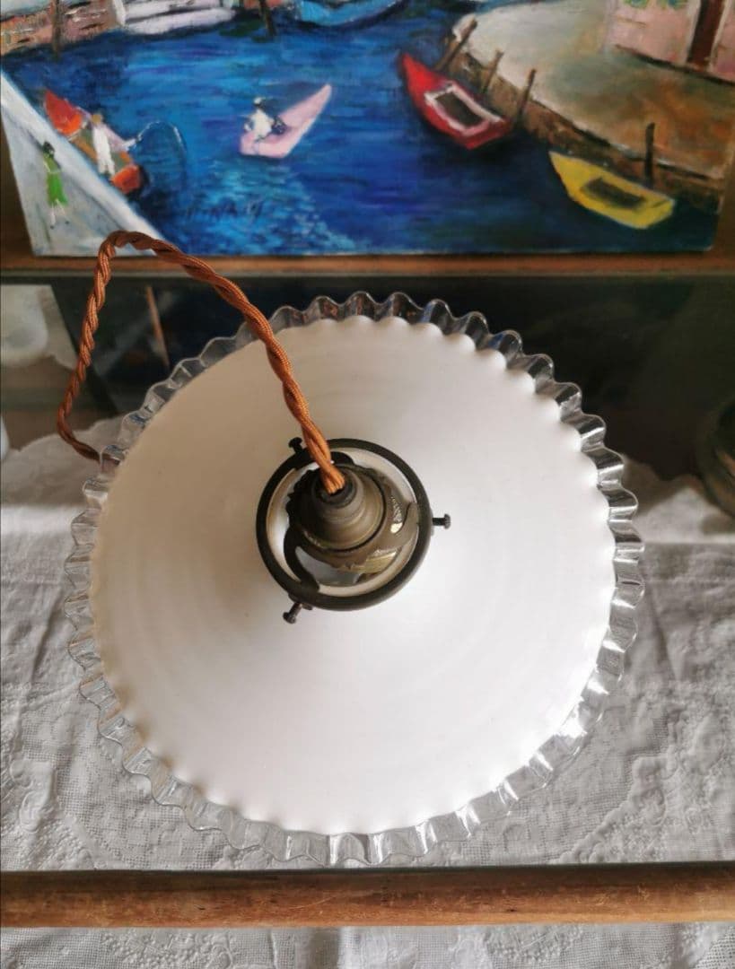 アンティーク フランス 透明＆ミルクガラスフリル シーリングランプ＆レースセット