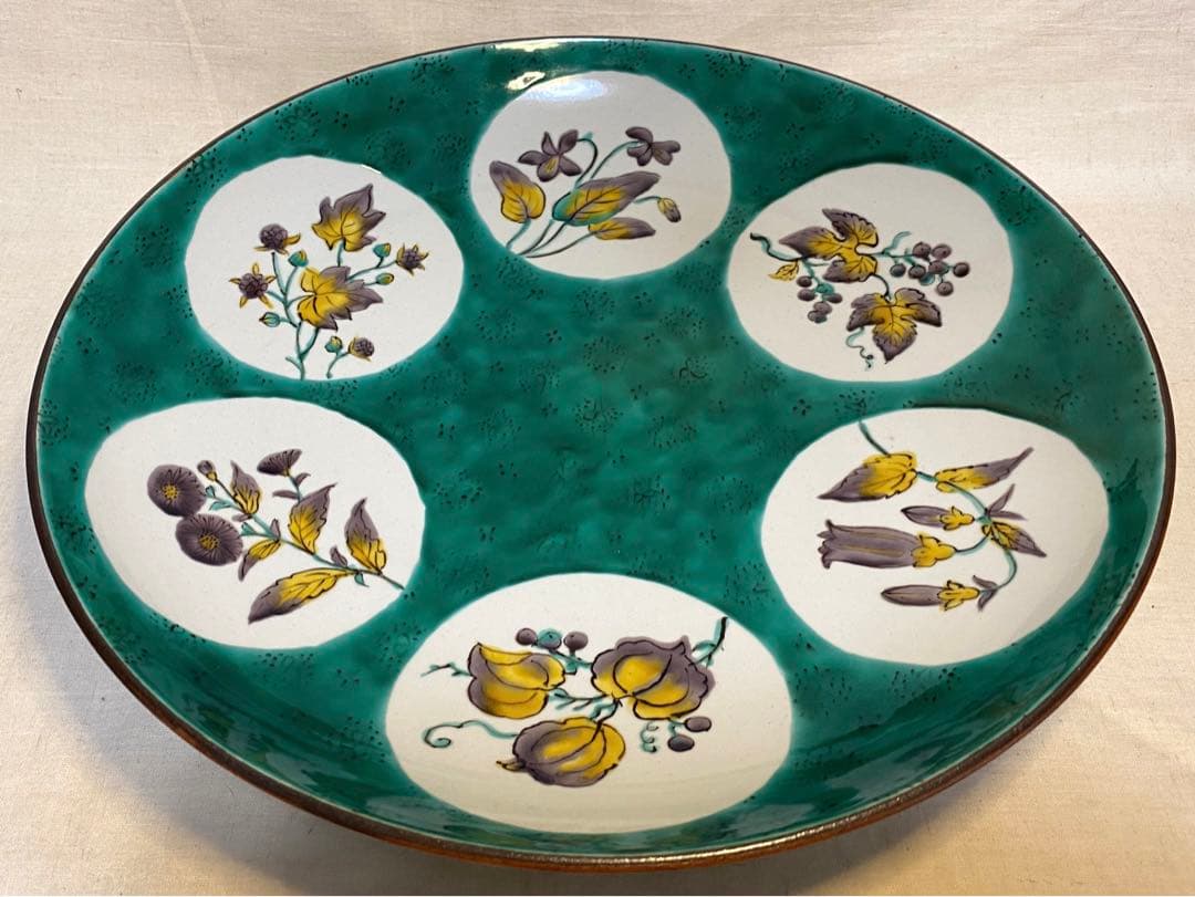 九谷　古九谷　青九谷　色絵　大皿　花の図