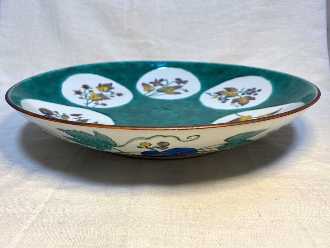 九谷　古九谷　青九谷　色絵　大皿　花の図