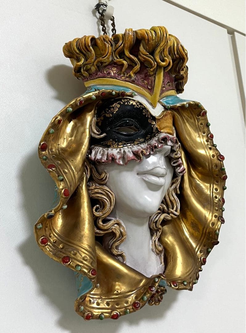 イタリア作家物☆ヴェネチアンマスクの貴婦人 仮面 陶器製壁掛オブジェ