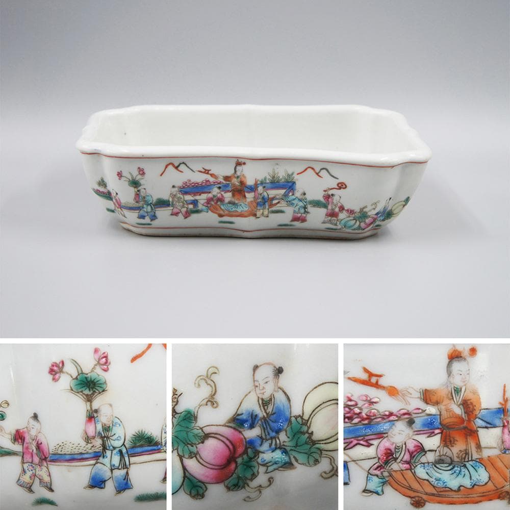 【瓷】　★ 瓷器 粉彩唐子紋水仙鉢 ★　清朝期　花卉 果物 手描文様　明清磁器