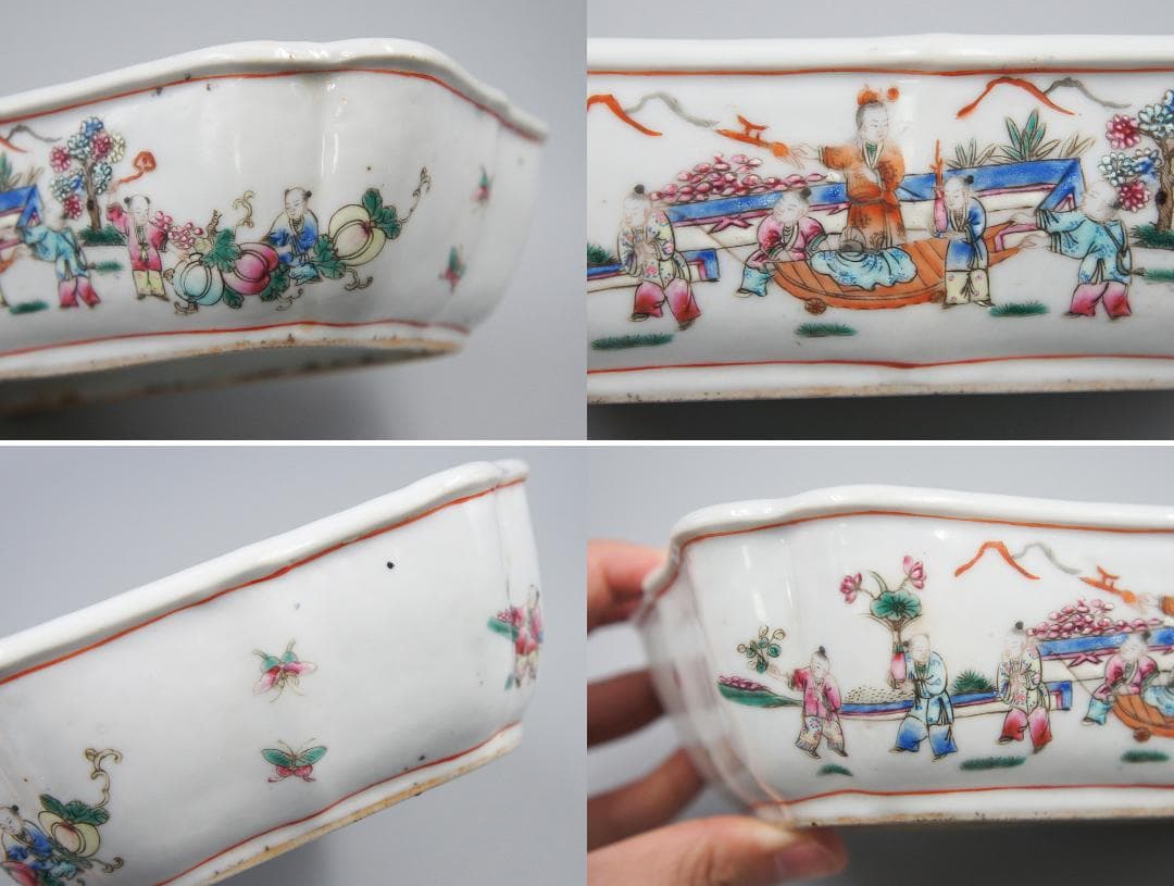 【瓷】　★ 瓷器 粉彩唐子紋水仙鉢 ★　清朝期　花卉 果物 手描文様　明清磁器